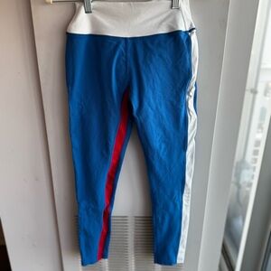 Blue High-Waist Colorblock Leggings with White & Red Trim